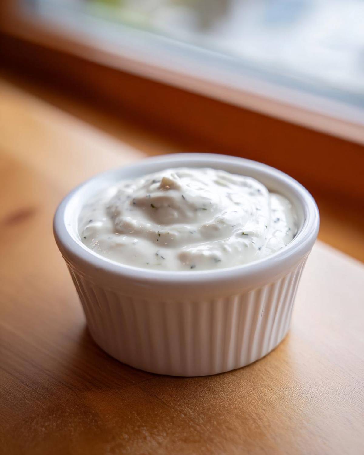 A small white ramekin filled with thick, white creamy horseradish sauce speckled with herbs.