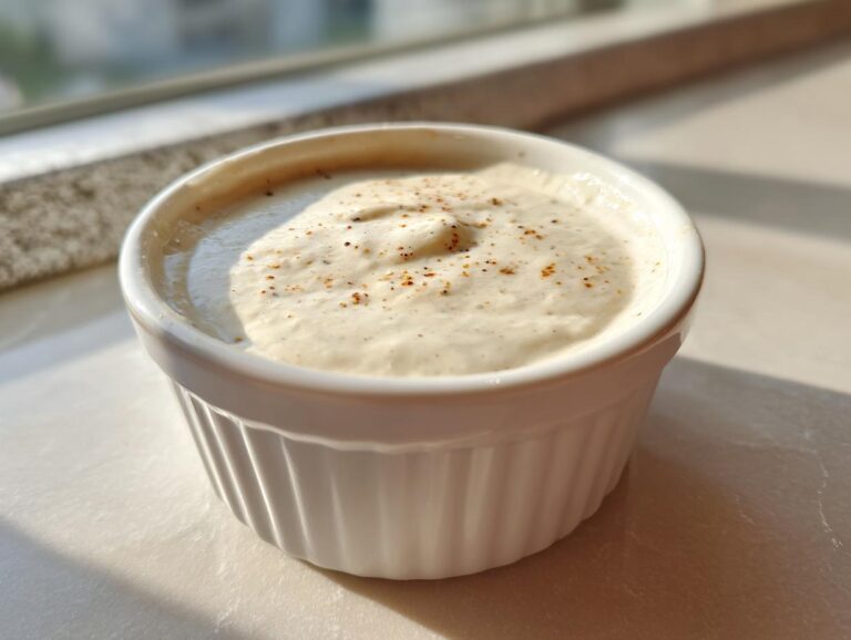 5 Minute Creamy Horseradish Sauce Magic A close-up of thick, creamy horseradish sauce sprinkled with pepper in a small white fluted ramekin.