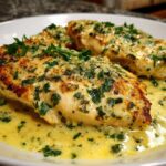 Three golden-brown chicken breasts smothered in a rich, creamy lemon sauce and topped with fresh parsley.