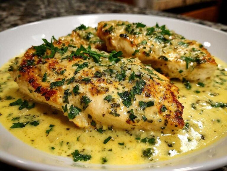 Three golden-brown chicken breasts smothered in a rich, creamy lemon sauce and topped with fresh parsley.
