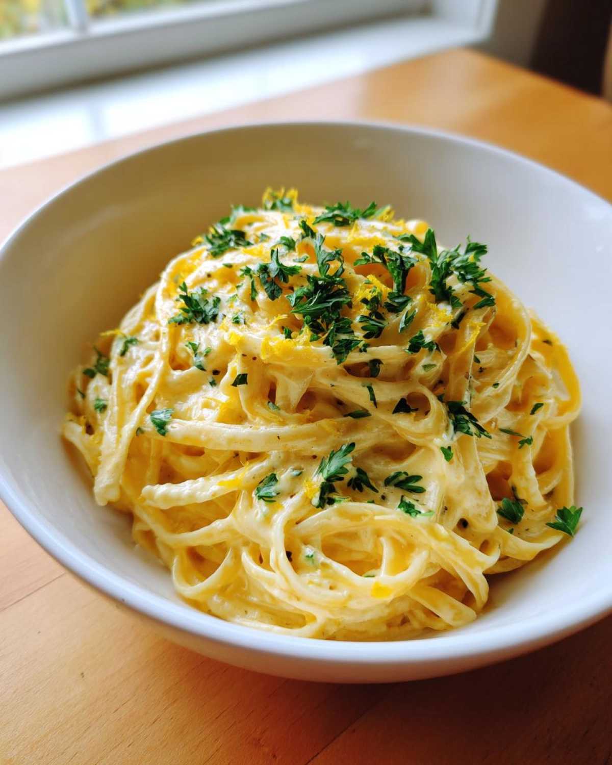 A close-up of a white bowl filled with rich, creamy lemon pasta, topped with fresh parsley and lemon zest.