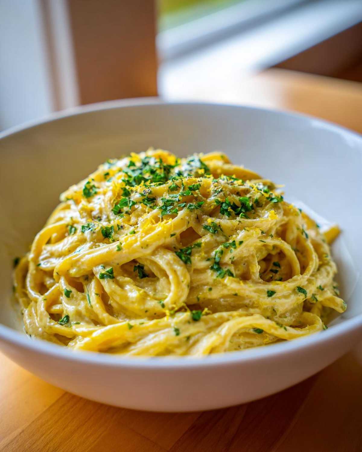 A close-up shot of delicious Creamy Lemon Pasta tossed in a rich sauce, topped with fresh parsley and lemon zest.