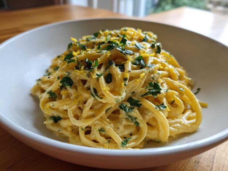 A close-up of a white bowl filled with vibrant Creamy Lemon Pasta, topped with fresh parsley and bright yellow lemon zest.