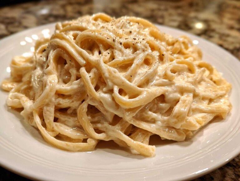 A close-up of fettuccine pasta generously coated in creamy Olive Garden Alfredo Sauce and topped with black pepper.