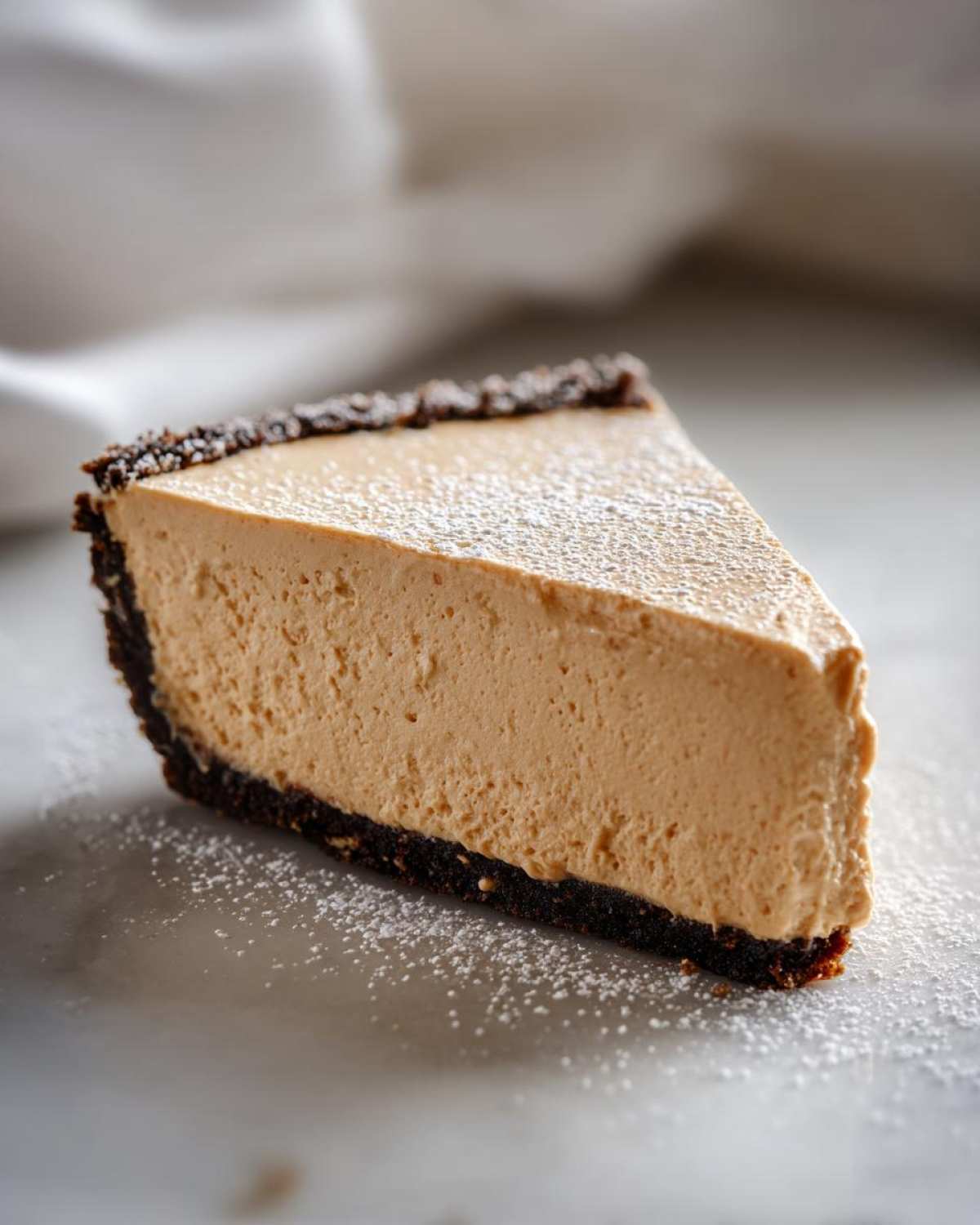 A close-up of a thick slice of no-bake peanut butter pie with a dark chocolate crust, dusted with powdered sugar.