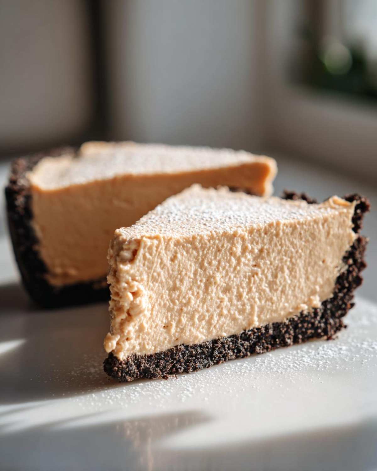 A close-up of a creamy slice of peanut butter pie with a dark chocolate crust, dusted with powdered sugar.
