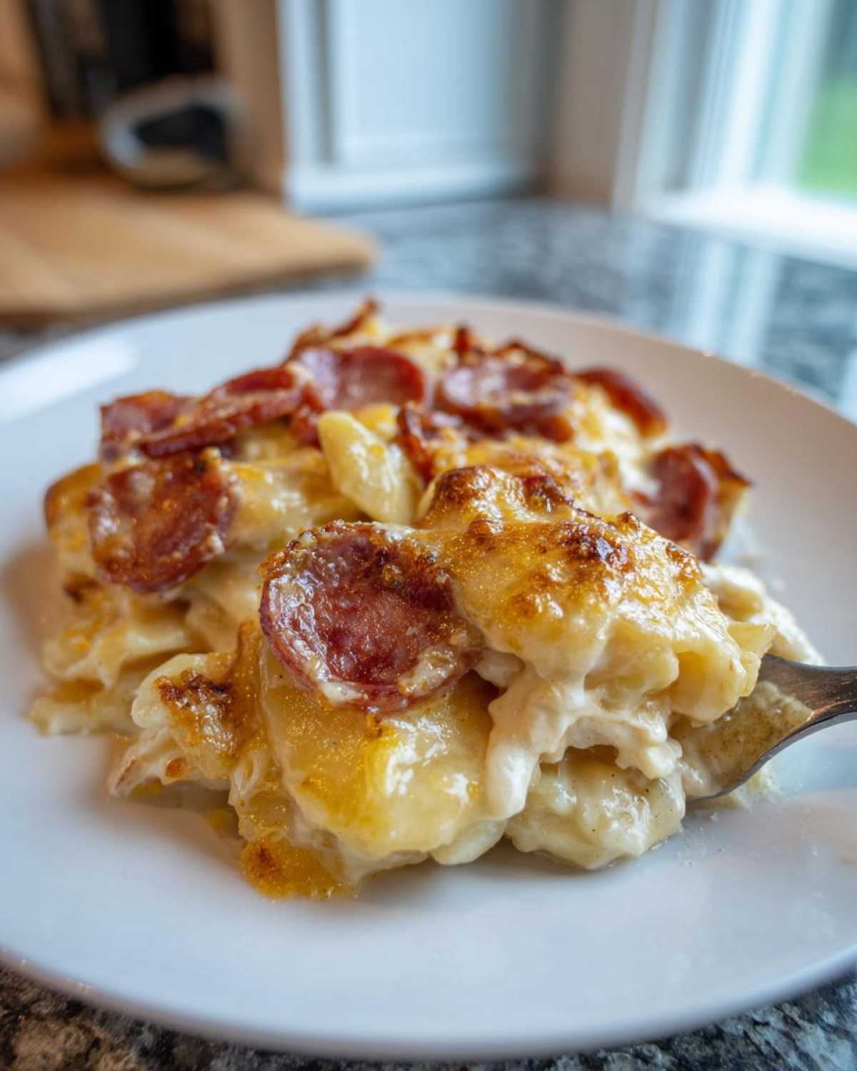 A fork lifts a creamy bite of pierogi casserole topped with browned cheese and slices of smoked sausage.