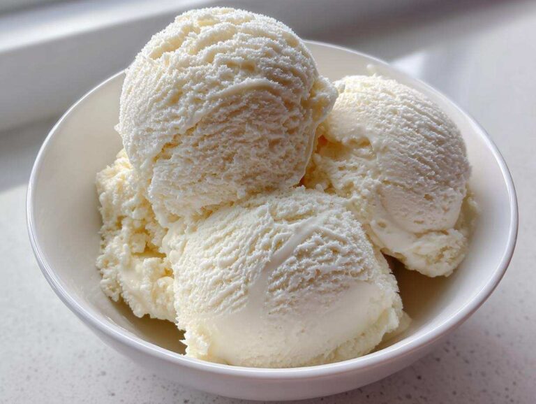 Four scoops of creamy, white protein ice cream served in a white bowl.