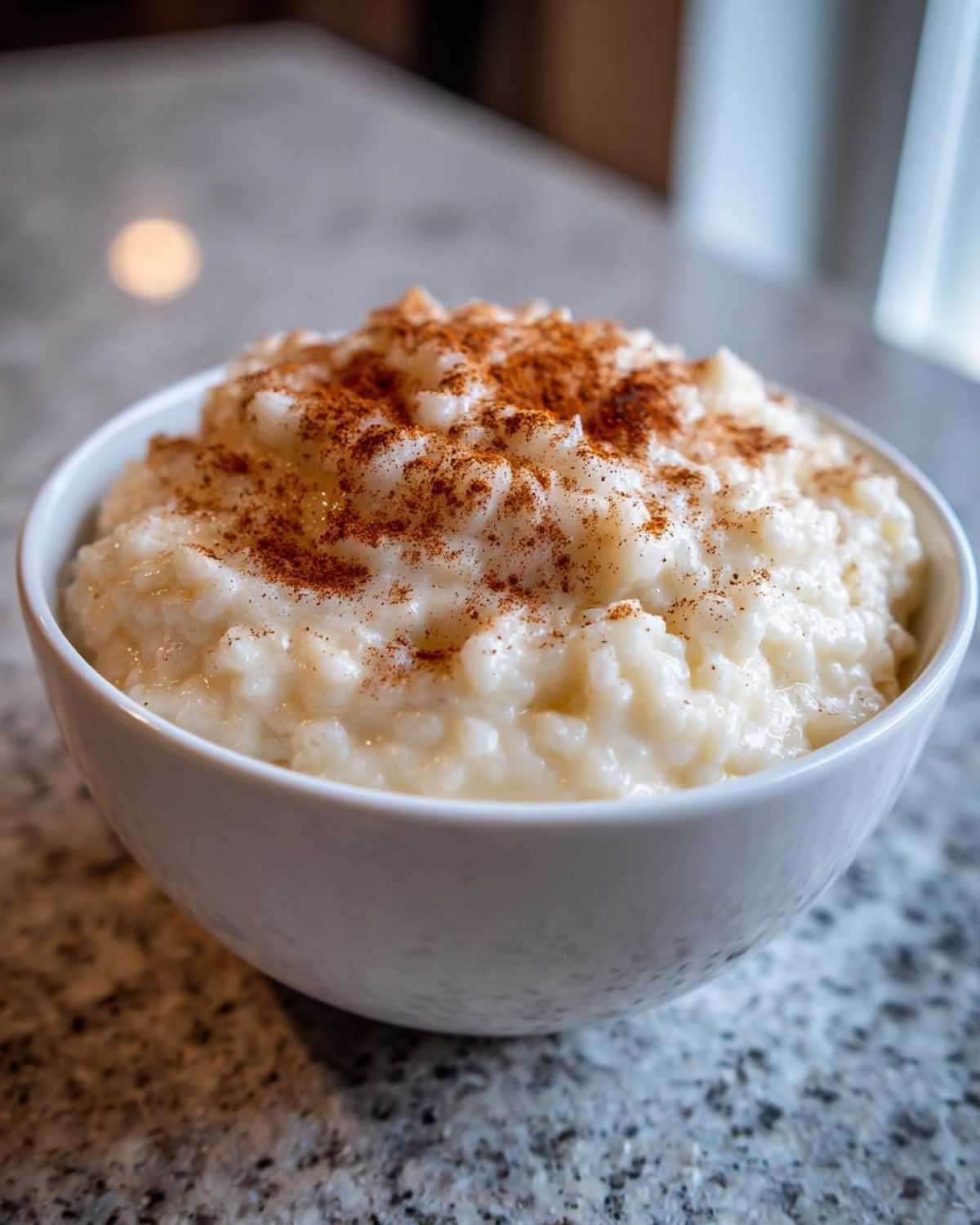A close-up of creamy rice pudding topped generously with ground cinnamon in a white bowl.