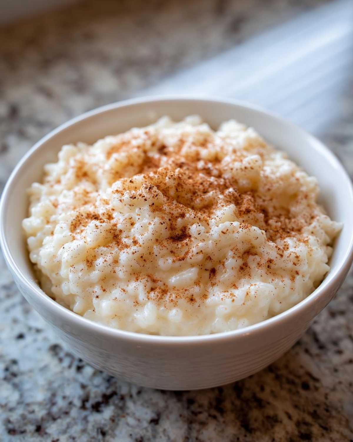 Close-up of creamy rice pudding in a white bowl, generously sprinkled with ground cinnamon.
