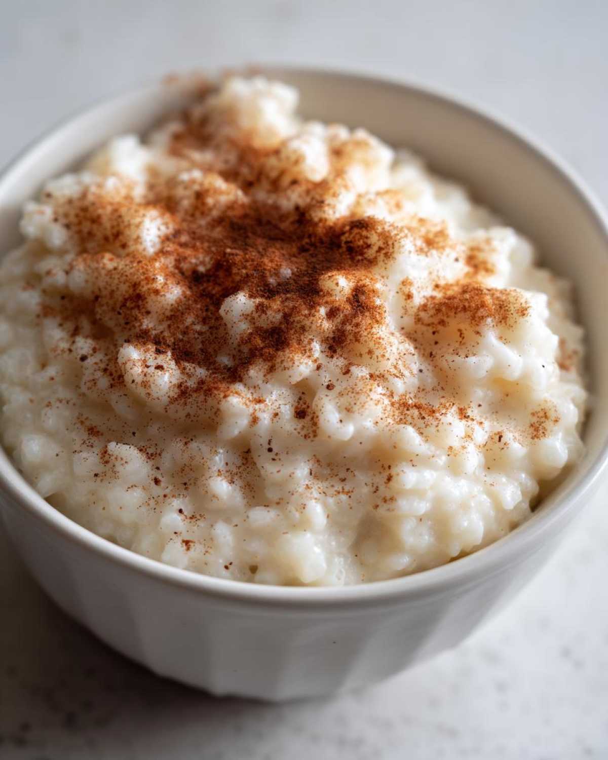 Close-up of creamy rice pudding in a white bowl, generously dusted with ground cinnamon.