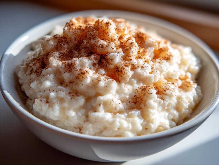 5-Ingredient Creamy rice pudding Magic Close-up of creamy rice pudding in a white bowl, generously sprinkled with cinnamon.