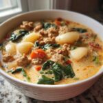 Close-up of a hearty bowl of creamy sausage gnocchi soup with spinach and carrots.