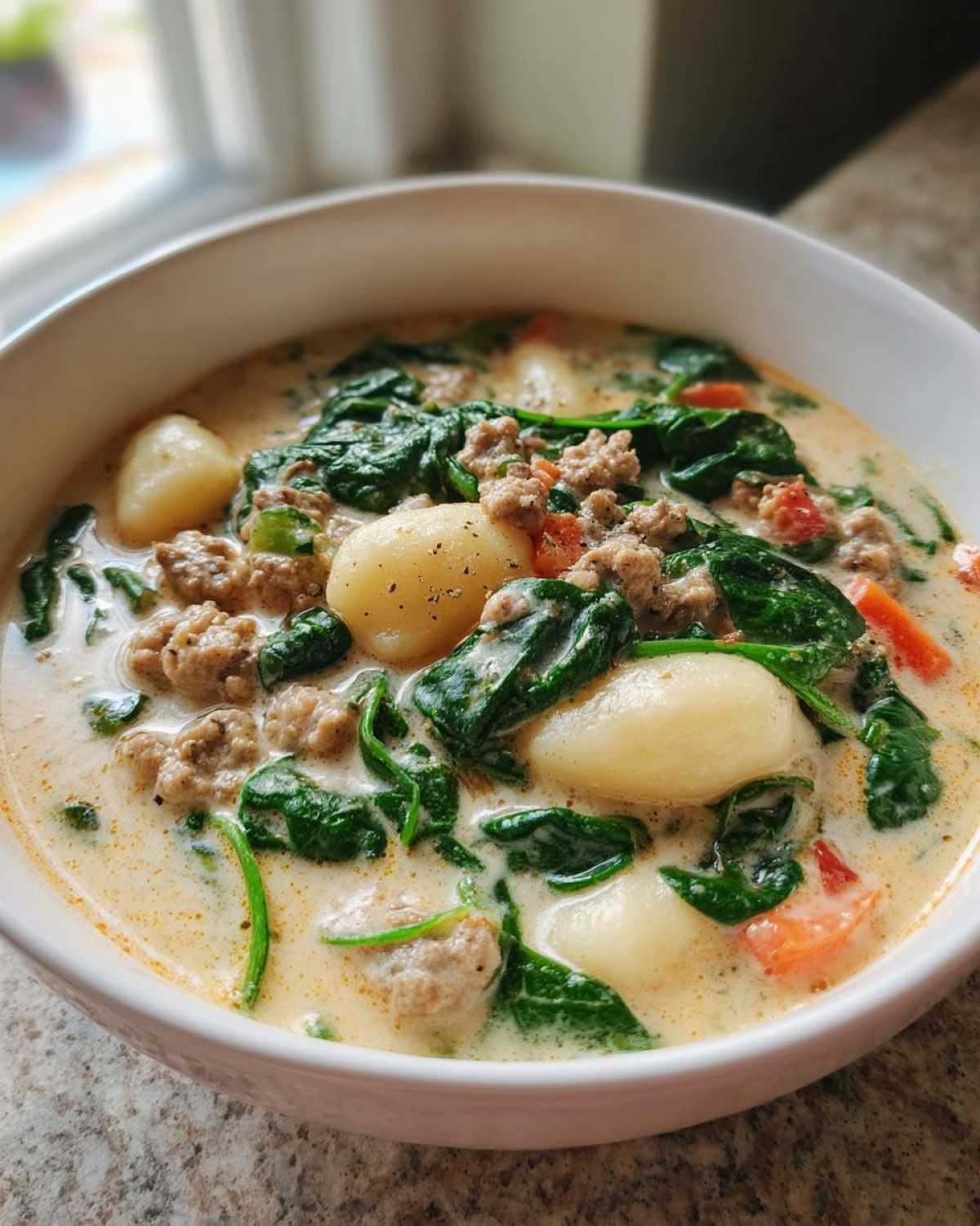 Close-up of creamy sausage gnocchi soup featuring soft gnocchi, crumbled sausage, and wilted spinach.