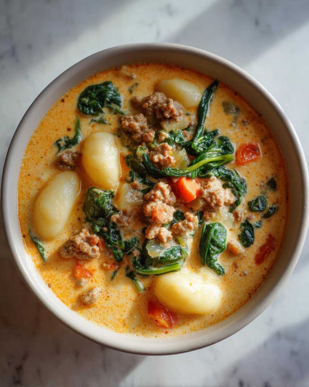 Overhead view of a creamy sausage gnocchi soup featuring plump gnocchi, crumbled sausage, spinach, and carrots.