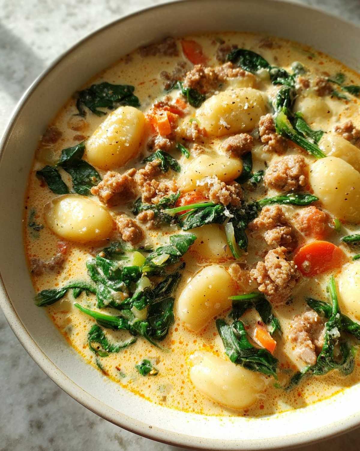 Close-up of a bowl of creamy sausage gnocchi soup with spinach and carrots, seasoned with pepper.