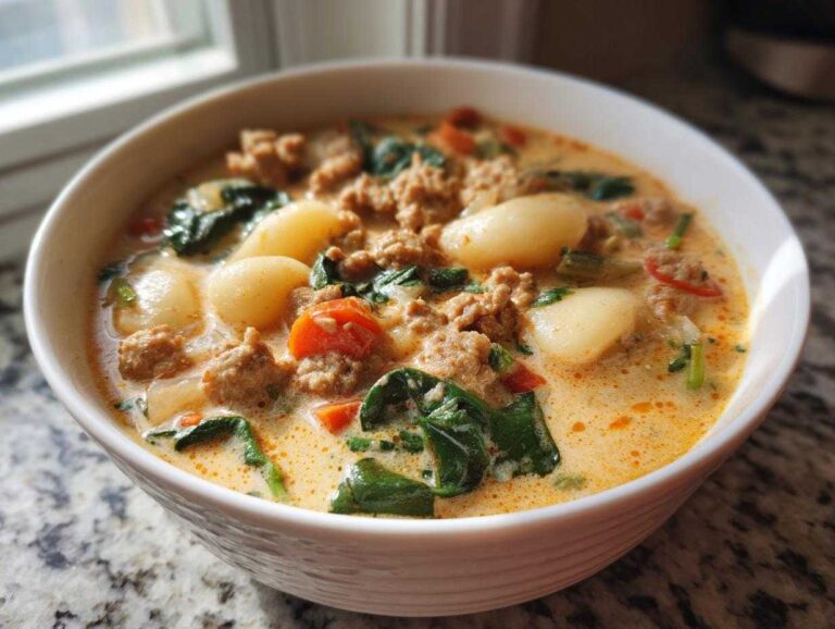 Close-up of a hearty bowl of creamy sausage gnocchi soup with spinach and carrots.