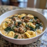 A close-up of a white bowl filled with creamy sausage tortellini soup, topped with crumbled sausage, spinach, and Parmesan.