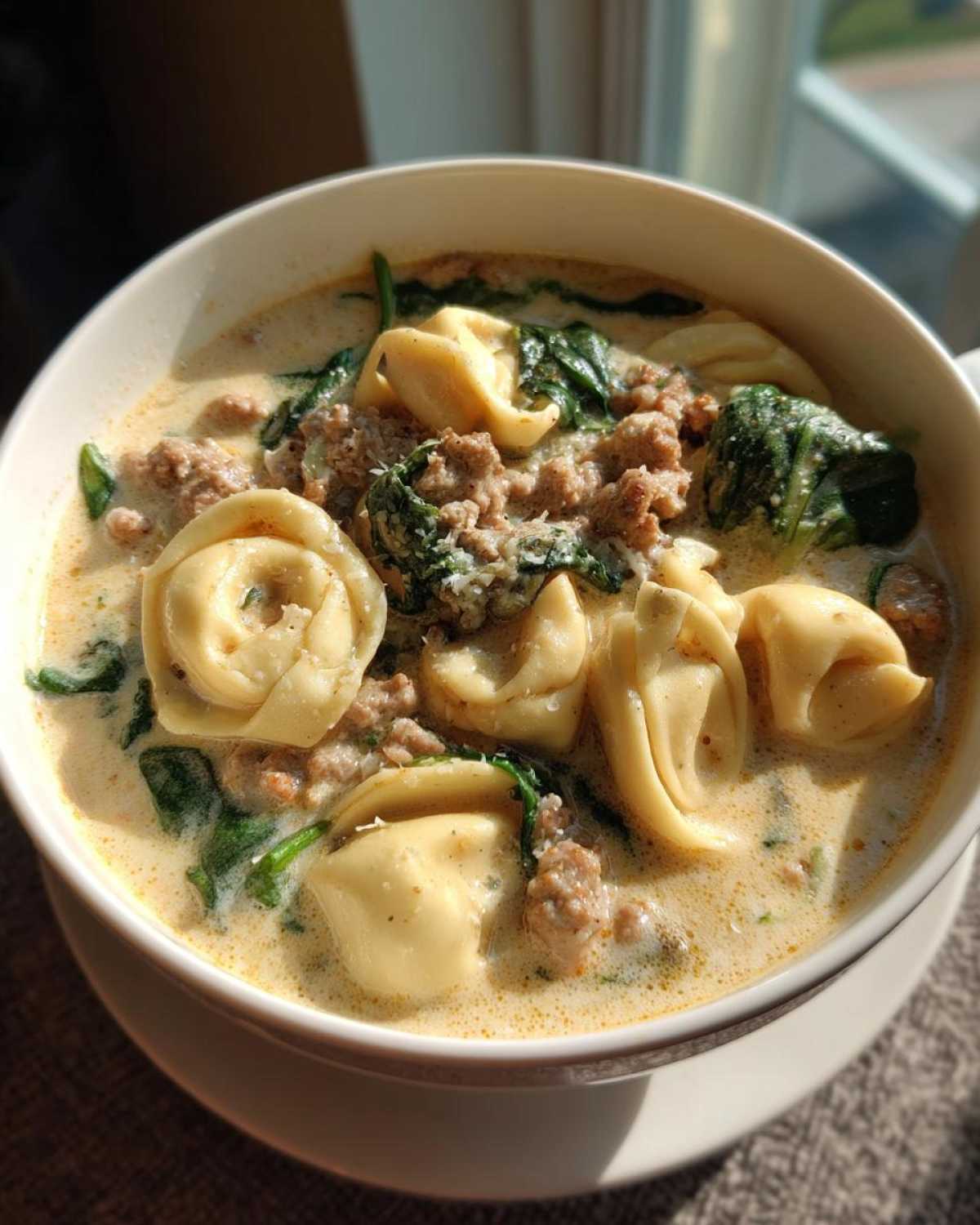 Close-up of a hearty bowl of creamy sausage tortellini soup, featuring tortellini pasta, crumbled sausage, and wilted spinach.