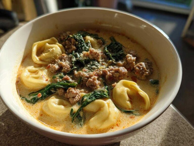 Close-up of a white bowl filled with creamy sausage tortellini soup, featuring tortellini, crumbled sausage, and wilted spinach.