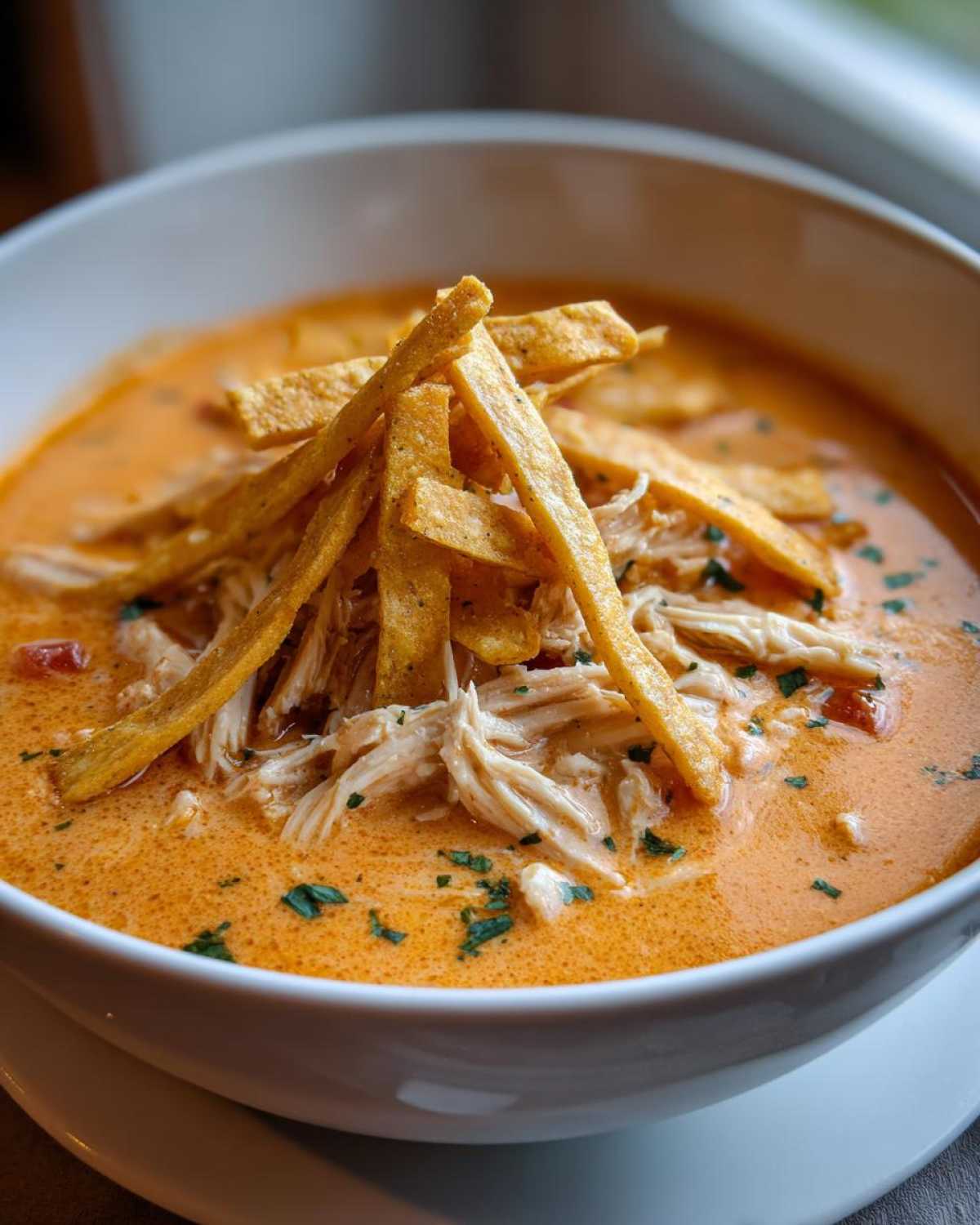 A close-up of a bowl of creamy tortilla soup recipe, topped with shredded chicken and crispy tortilla strips.