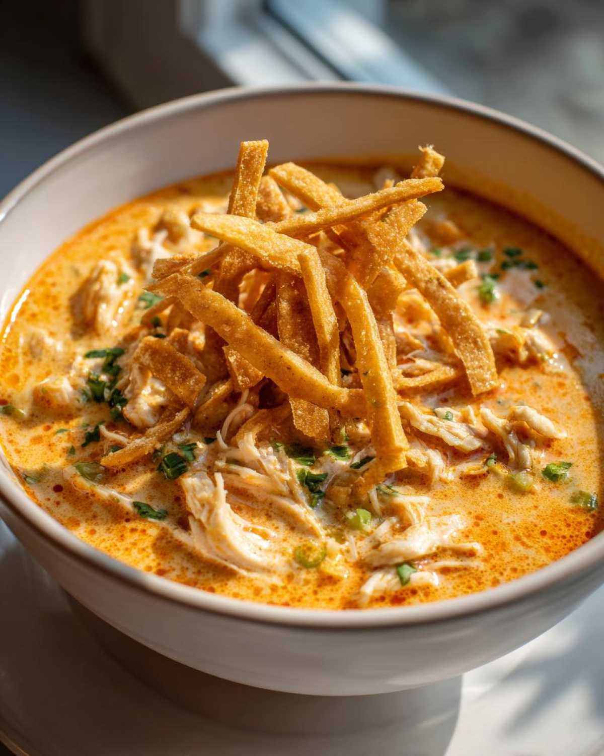 Close-up of a bowl of creamy tortilla soup recipe filled with shredded chicken and topped with crispy tortilla strips.