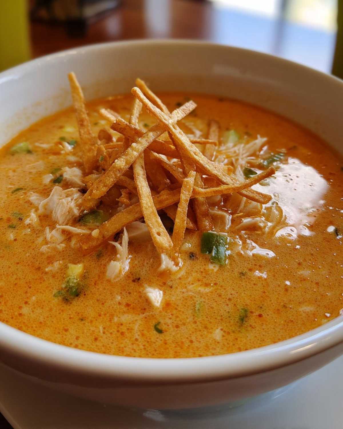 Close-up of a bowl of creamy, orange-hued tortilla soup recipe, topped with shredded chicken and crispy tortilla strips.