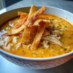 Close-up of creamy, orange-hued tortilla soup recipe topped with shredded chicken and crispy tortilla strips.