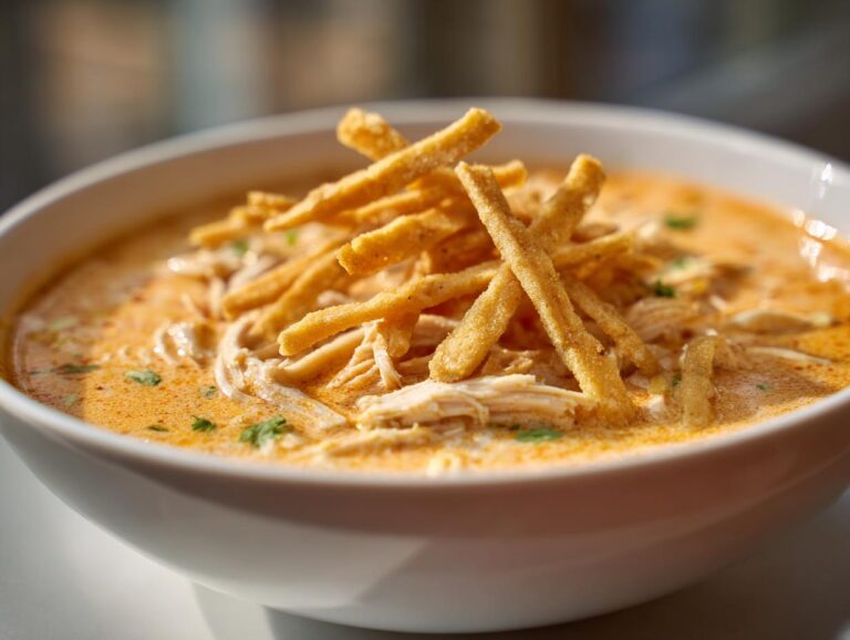 Close-up of a bowl of creamy, orange-hued tortilla soup recipe topped with shredded chicken and crispy tortilla strips.