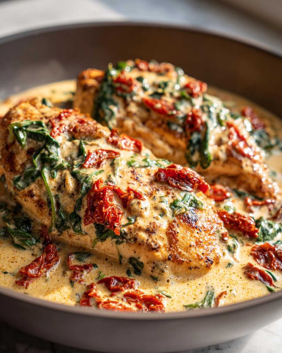 Two golden-brown chicken breasts smothered in a rich, creamy Tuscan sauce with spinach and sun-dried tomatoes, featuring the creamy tuscan chicken.