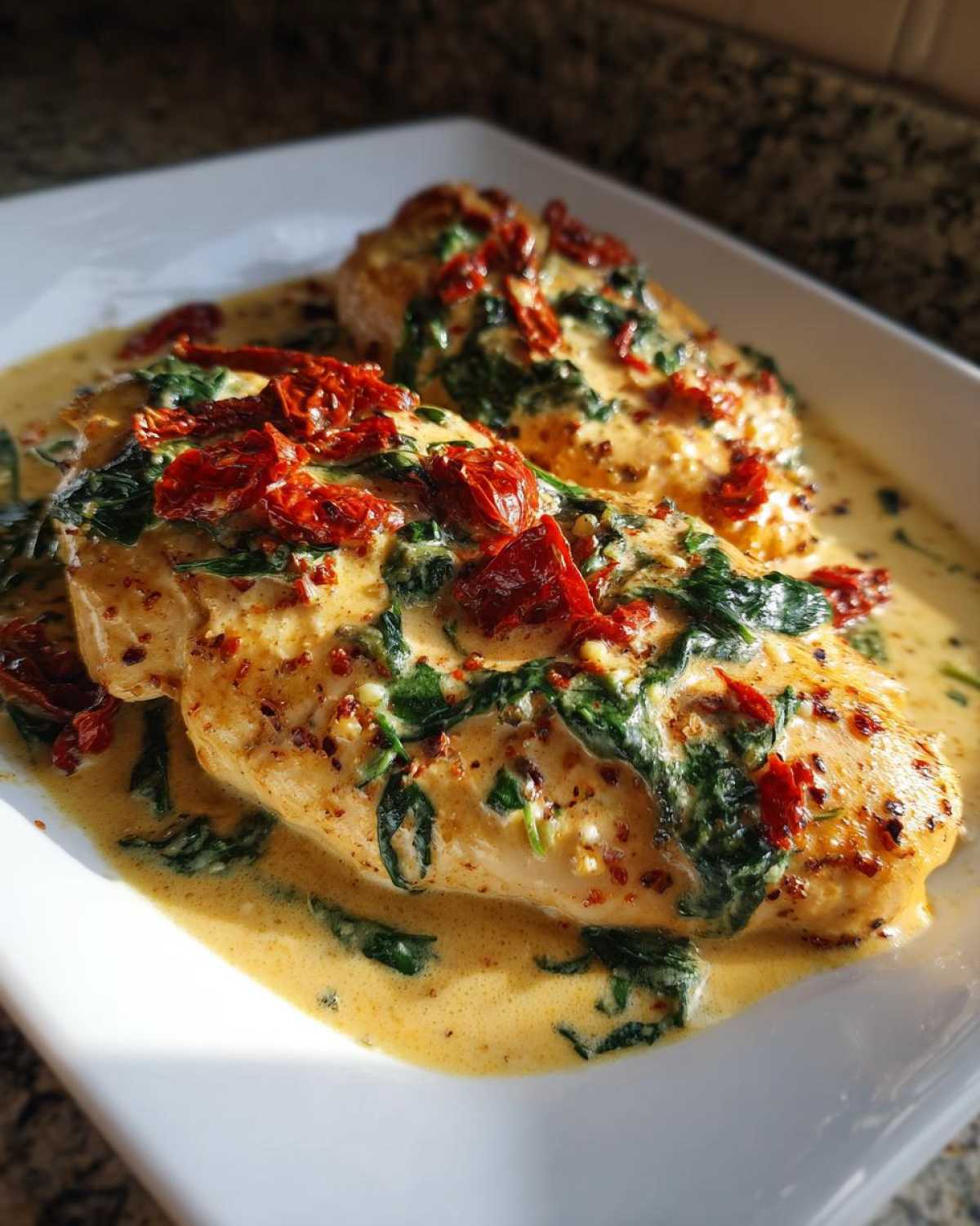 Two pieces of creamy Tuscan chicken smothered in a rich cream sauce with spinach and sun-dried tomatoes.