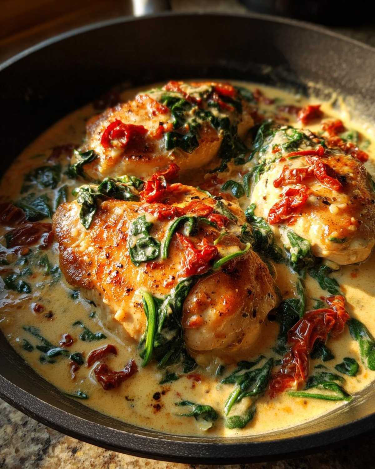 Three golden-brown chicken breasts simmering in a rich, creamy Tuscan sauce with spinach and sun-dried tomatoes.