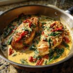 Two golden-brown chicken breasts simmering in a rich, creamy Tuscan sauce with spinach and sun-dried tomatoes, served in a stainless steel skillet.