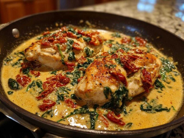 Two seared chicken breasts swimming in a rich, creamy Tuscan sauce with spinach and sun-dried tomatoes, the star of the creamy Tuscan chicken recipe.