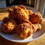 Close-up of several pieces of golden brown, crispy air fryer fried chicken stacked on a white plate.