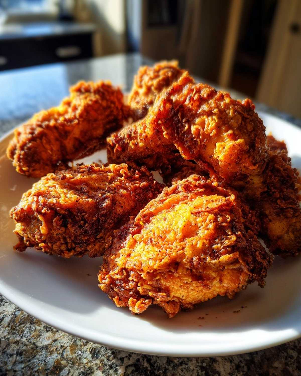 A pile of golden brown, crispy pieces of air fryer fried chicken resting on a white plate.