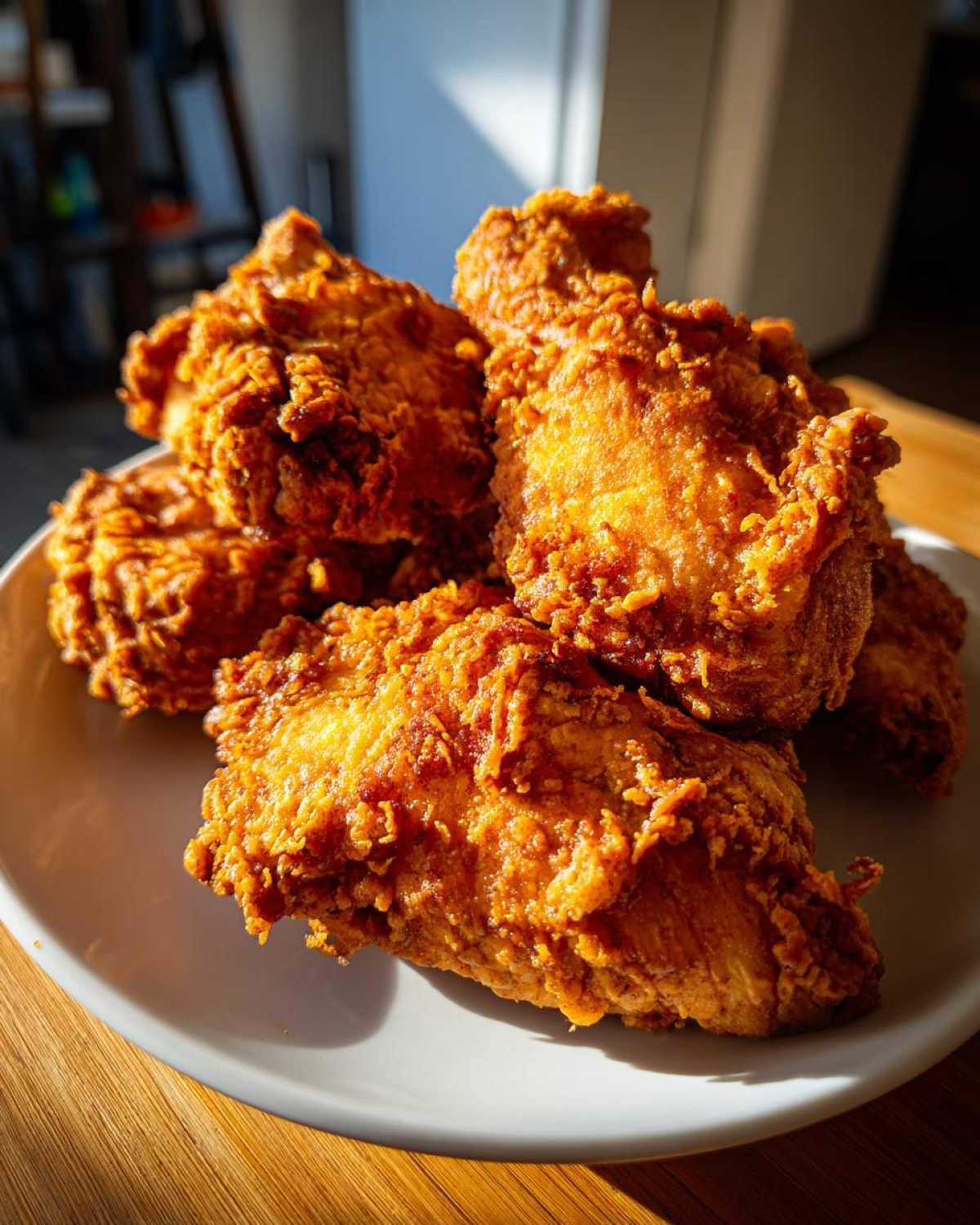 Close-up of golden brown, crispy air fryer fried chicken pieces piled on a light gray plate.