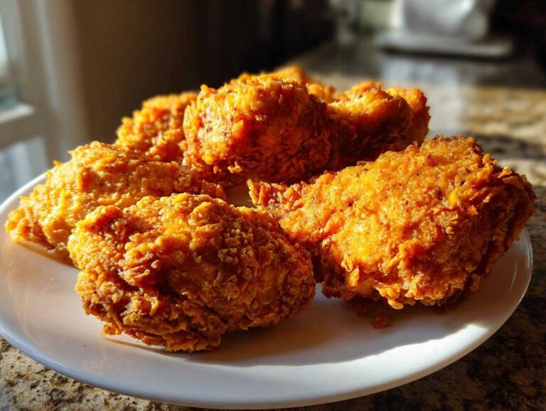 Close-up of several golden brown, crispy pieces of air fryer fried chicken piled on a white plate.