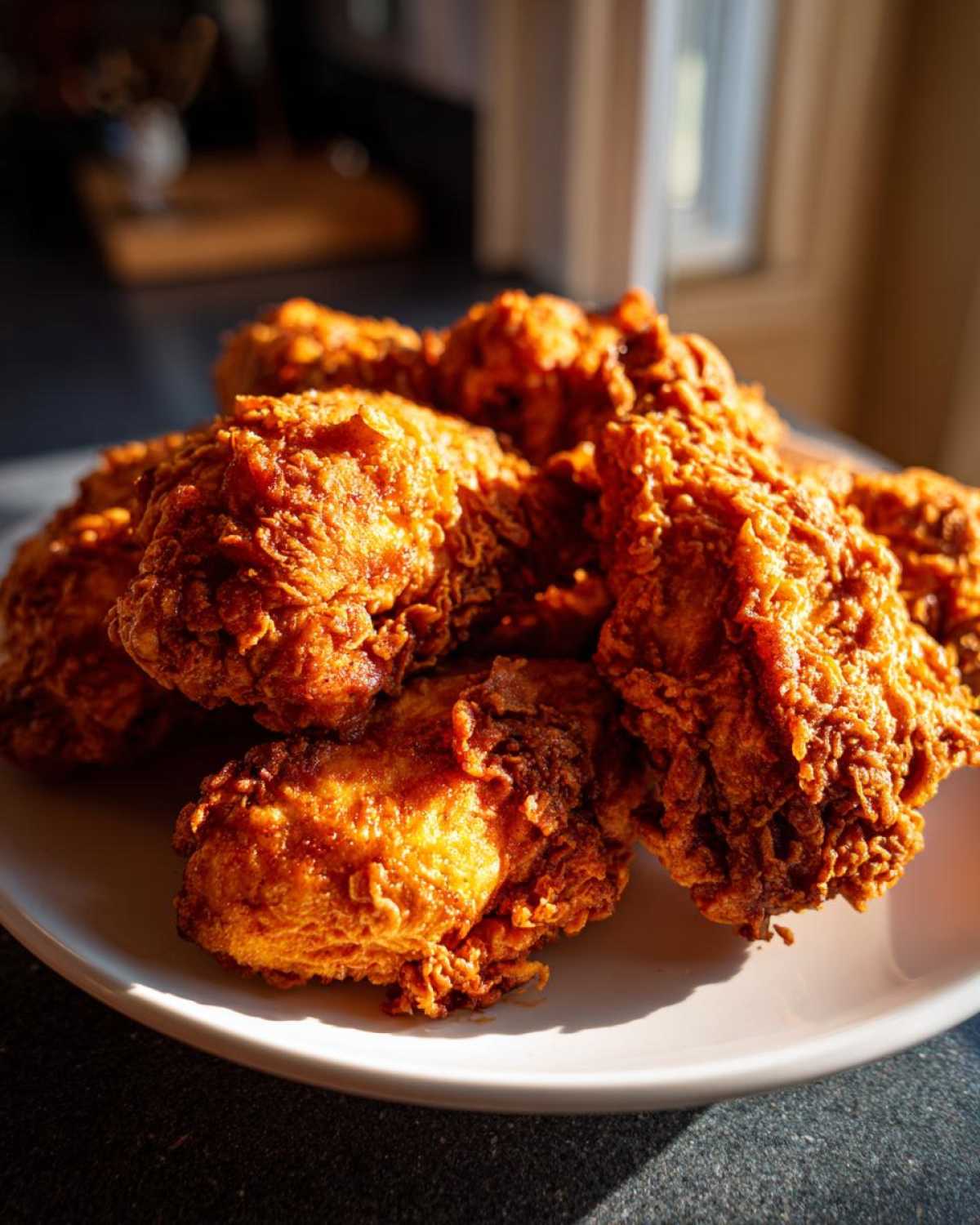 A pile of golden brown, crispy air fryer fried chicken pieces resting on a white plate.
