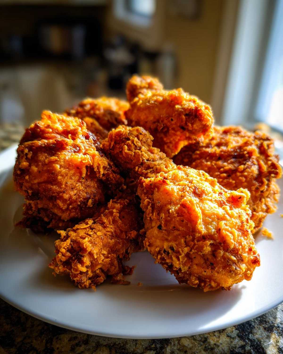 A close-up of several pieces of golden, crispy air fryer fried chicken piled high on a white plate.