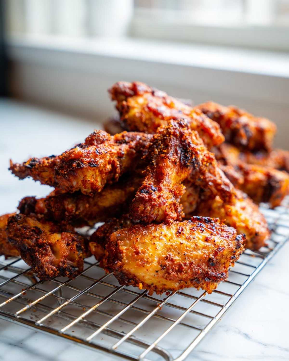 A pile of golden brown, seasoned crispy baked chicken wings resting on a wire cooling rack.