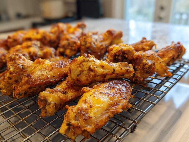 Close-up of golden brown, seasoned crispy baked chicken wings resting on a wire cooling rack.
