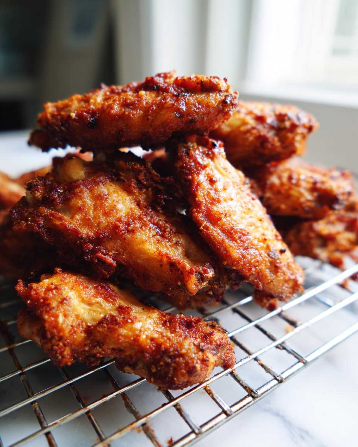 Close-up of a pile of golden brown, seasoned crispy baked chicken wings resting on a metal cooling rack.