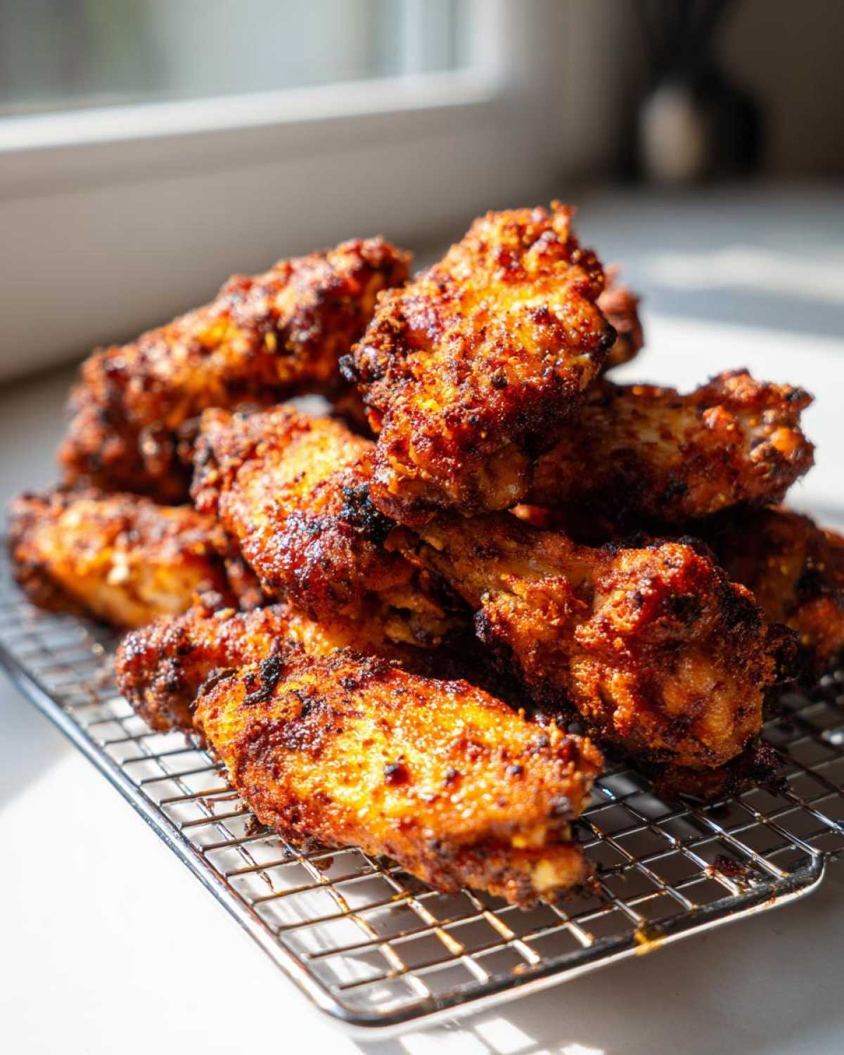 A pile of golden brown, seasoned crispy baked chicken wings resting on a metal cooling rack.