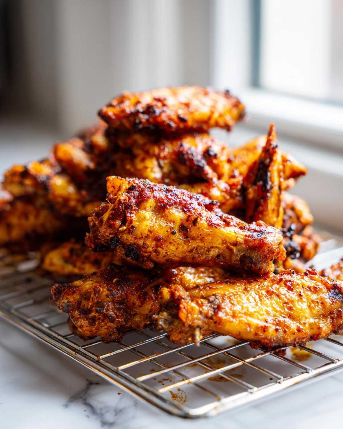 A pile of golden brown, seasoned crispy baked chicken wings resting on a wire cooling rack.