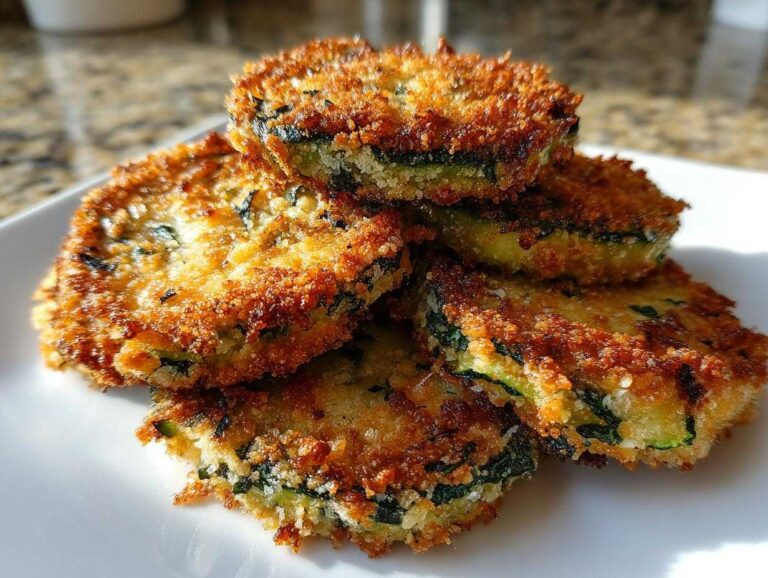 A stack of golden brown, crispy baked parmesan zucchini slices on a white plate.
