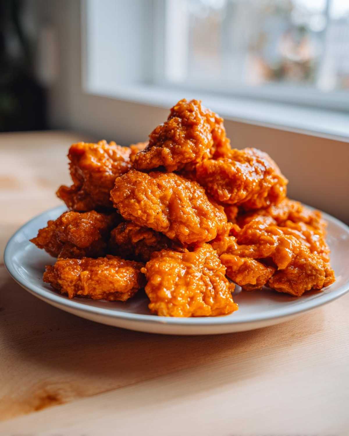 A pile of crispy, saucy bang bang chicken pieces stacked on a small white plate.