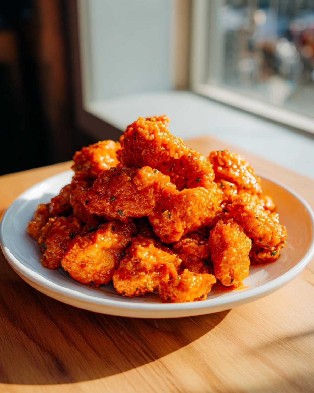 A generous pile of crispy, saucy bang bang chicken pieces served on a white plate.