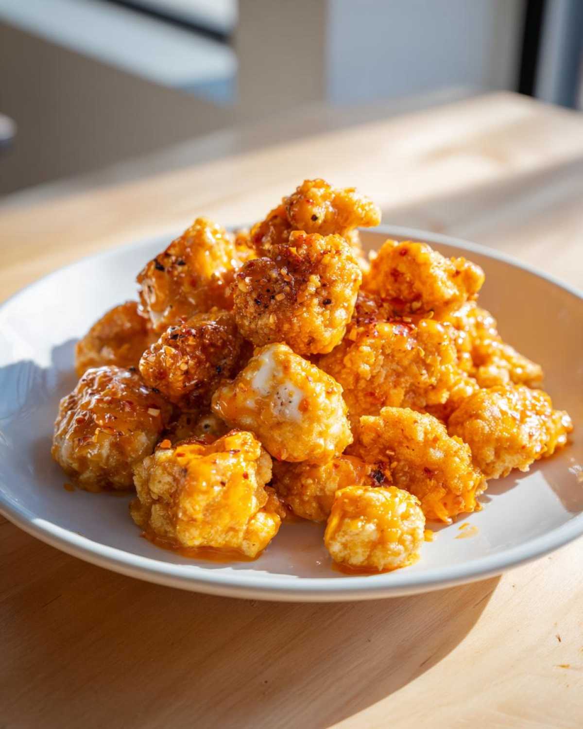A pile of glistening, crispy bang bang chicken pieces coated in a spicy orange sauce, served on a white plate.