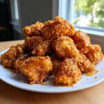 A mound of crispy, glazed bang bang chicken pieces sprinkled with sesame seeds on a white plate.